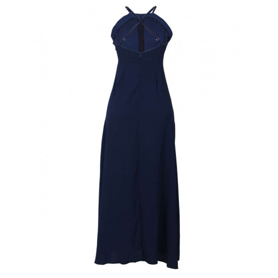 Elegant Dark Blue Embroidery Backless Long Dress