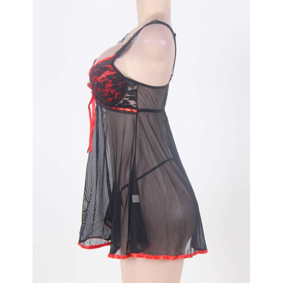 Mesh Black Transparent Babydoll With Red Ribbon