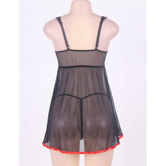 Mesh Black Transparent Babydoll With Red Ribbon