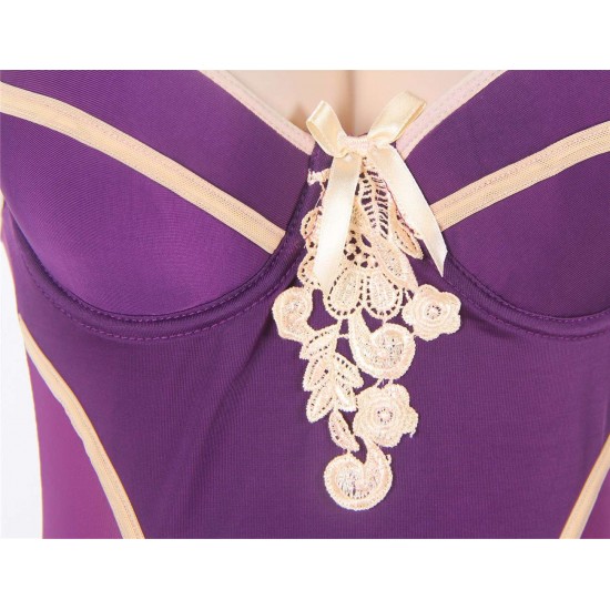 Purple Plus Size Chemise With White Embroidered Flower