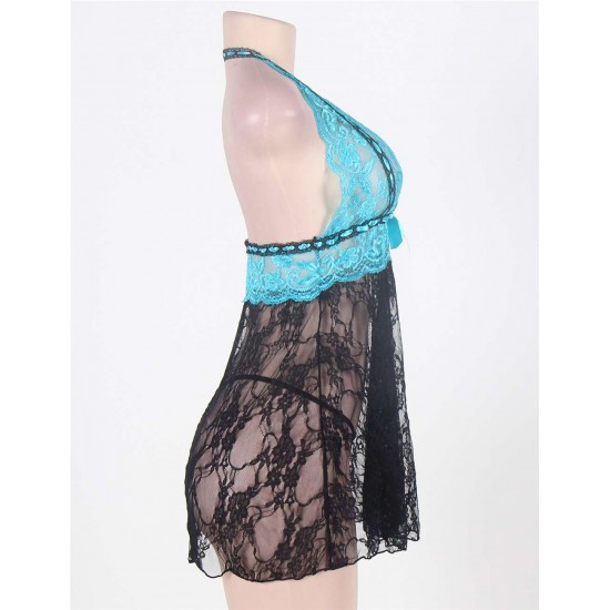 Sexy Halter Sheer Blue And Black Lace Babydoll