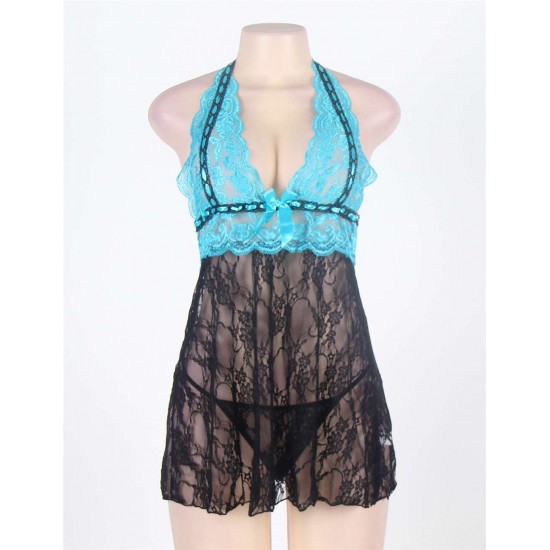 Halter Sheer Blue And Black Lace Plus Size Babydoll