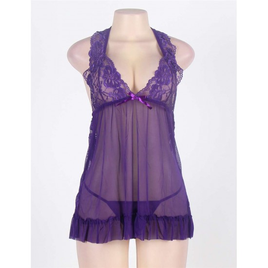 Sexy Halter Transparent Scalloped Purple Babydoll