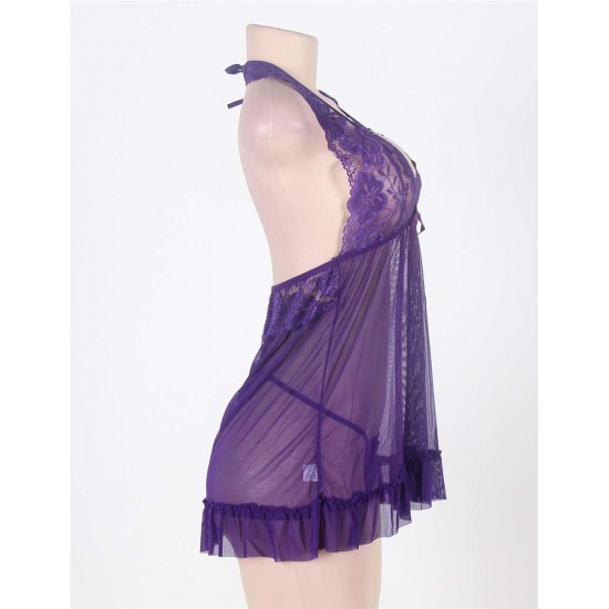 Plus Size Purple Halter Transparent Babydoll