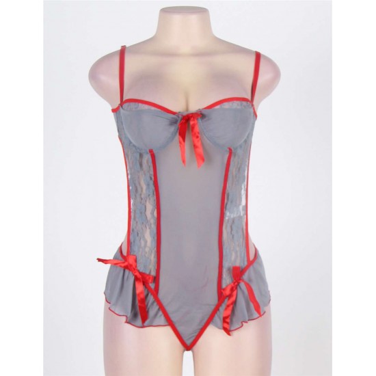 Gray And Red Sheer Skirted Teddy