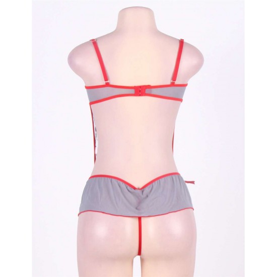 Gray And Red Sheer Skirted Teddy