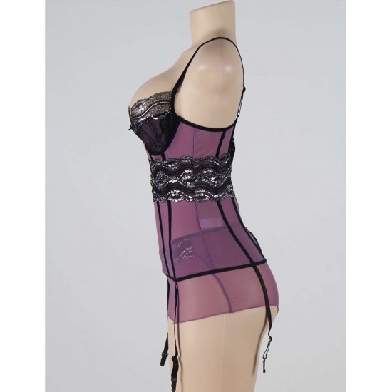 Purple Mesh And Metallic Lace Babydoll