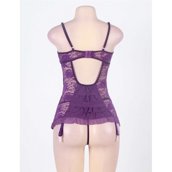 Purple Floral Lace Round Back Plus Size Babydoll