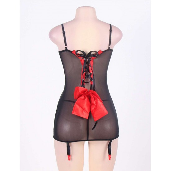 Black And Red Satin Strap-Cross Back Sexy Lingerie Dress