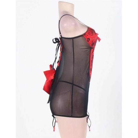 Black And Red Satin Strap-Cross Back Sexy Lingerie Dress