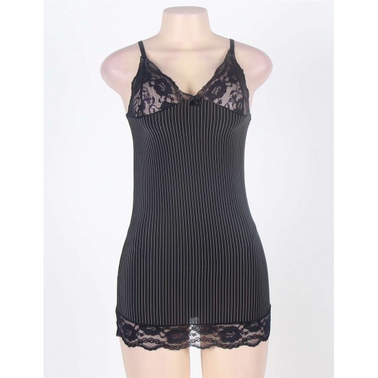 Black Vertical Stripe Plus Size Babydoll With Lace Strim