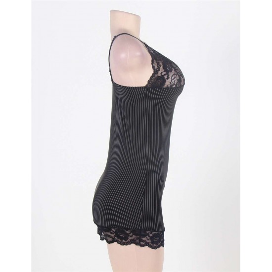 Black Vertical Stripe Plus Size Babydoll With Lace Strim