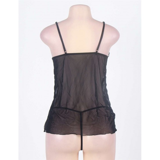 Sexy Black Lace Mesh Ruffle Fly Away Babydoll With G String 