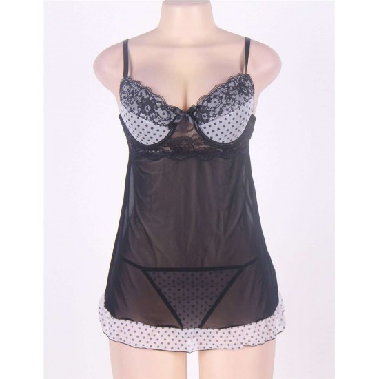 Black Transparent Plus Size Polka Dot Babydoll With Lace Trim