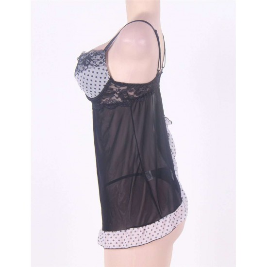 Black Transparent Plus Size Polka Dot Babydoll With Lace Trim