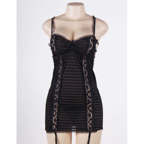 Black Sexy Lace Open Back Babydoll With Cross Stripe