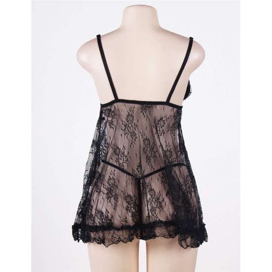 Sexy Black Lace Mesh Babydoll Dress Nightwear