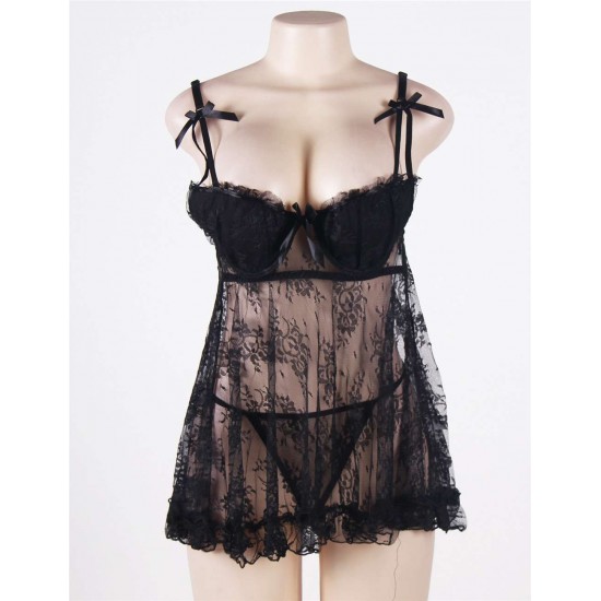 Black Scalloped Lace Ruffle Decor Plus Size Babydoll