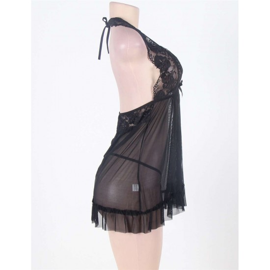 Black Sheer Lace Halter Open Back Lingerie