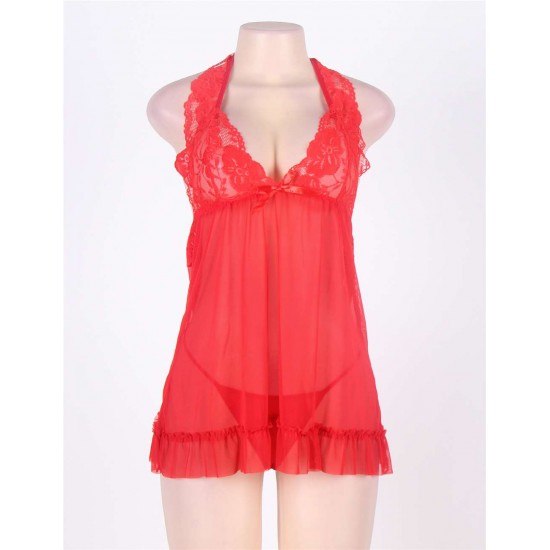 Lace Patchwork Red Halter Plus Size Babydoll Dress 