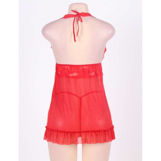 Lace Patchwork Red Halter Plus Size Babydoll Dress 