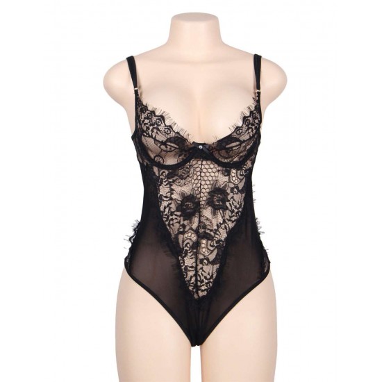 Chic Kissable Black Sheer Mesh Backless Teddy