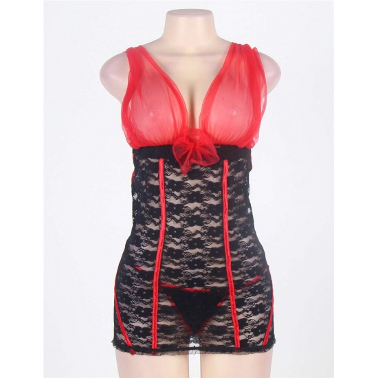 Red And Black Lace Plus Size Open Cup Chemise Dress