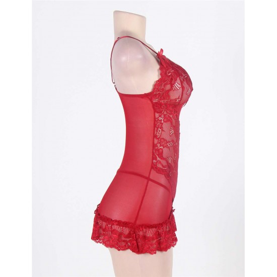 Alluring Red Romantic Flower Lace Babydoll