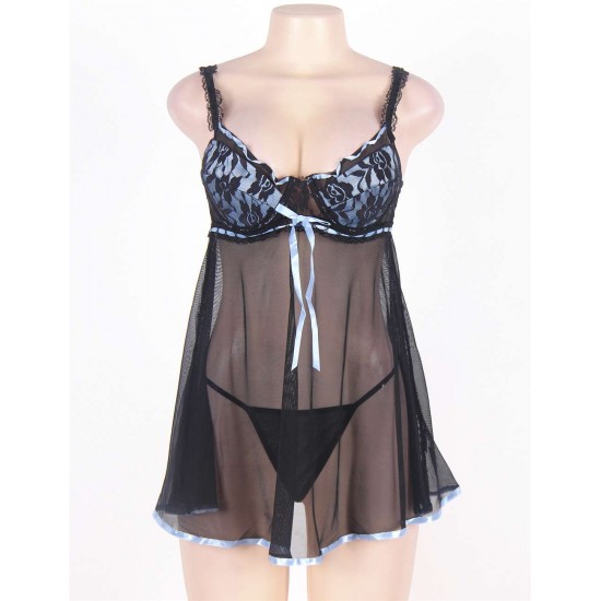 Mesh Cup Black Lace Babydoll Nightie Lingerie Set