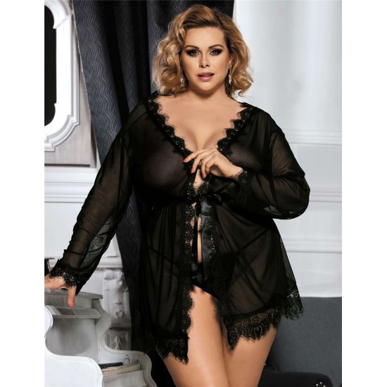 Plus Size Black Lace Trim Robe With Thong