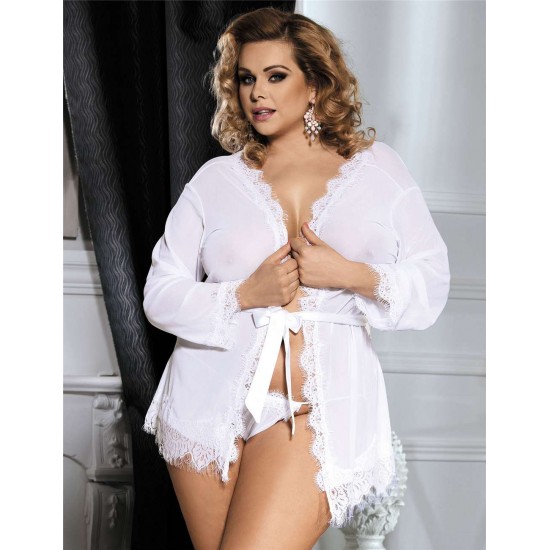 White Plus Size Lace Trim Robe With Thong