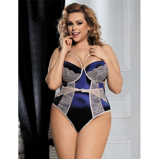 Blue Plus Size Open Back Floral Lace Teddy 