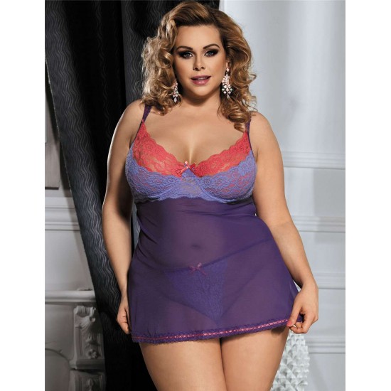 Plus Size Purple And Pink Lace Cup Babydoll Set