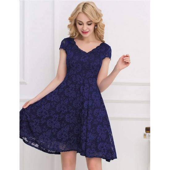 Lace Round Neck Elegant Blue Bodycon Dress