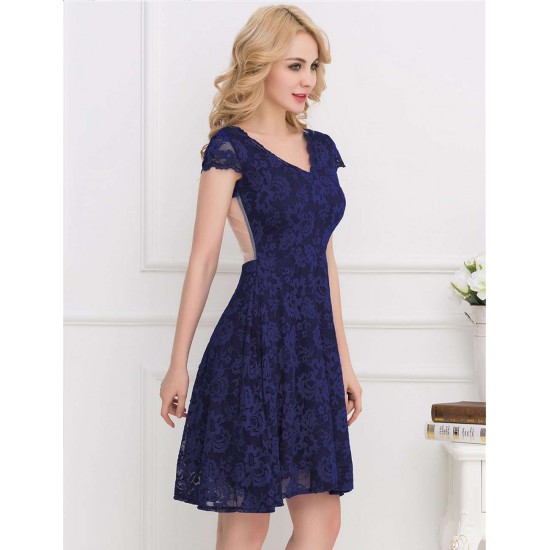 Lace Round Neck Elegant Blue Bodycon Dress