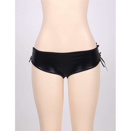 Plus Size Black Open Crotch Leather Panty