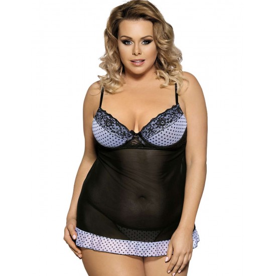 Black Transparent Plus Size Polka Dot Babydoll With Lace Trim