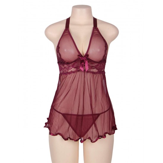 Sexy Red Wine Lace 3pcs Lingerie Set