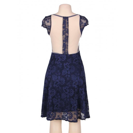 Plus Size Lace Round Neck Elegant Blue Bodycon Dress