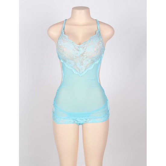 Sexy Lace Trim Blue Strappy Back Babydoll Chemise