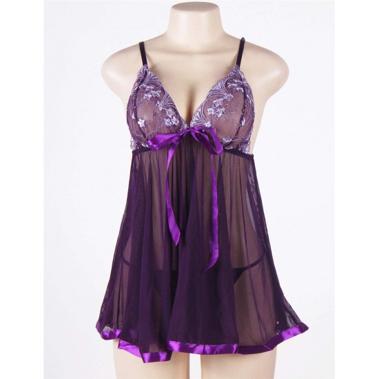 Purple Sheer Lace Babydoll With Open Back