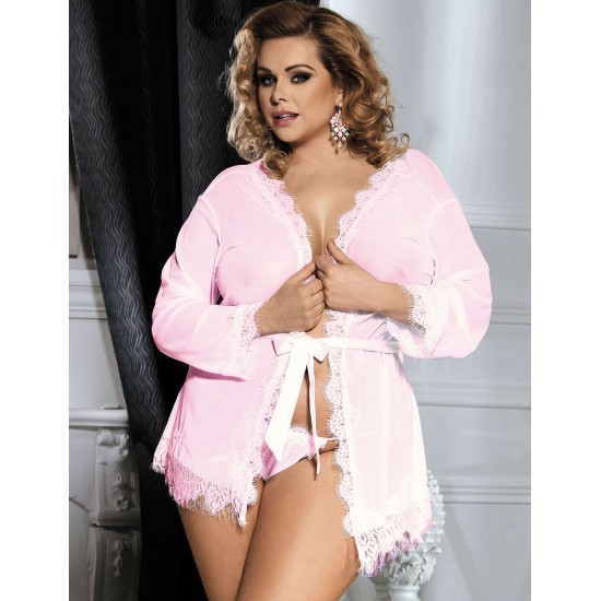 Plus Size Pink Lace Trim Robe With Thong