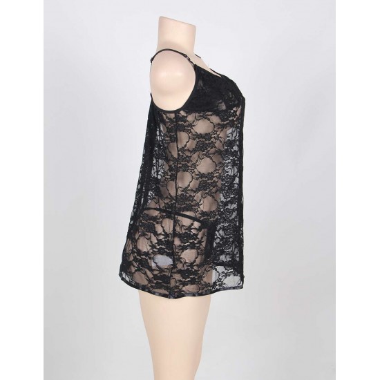 Black Plus Size Sheer Lace Dress With G String 