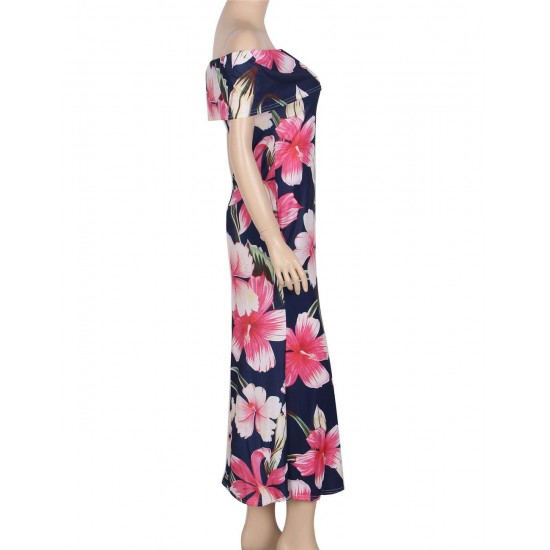 Navy Blue Roses Print Off-Shoulder Long Dress