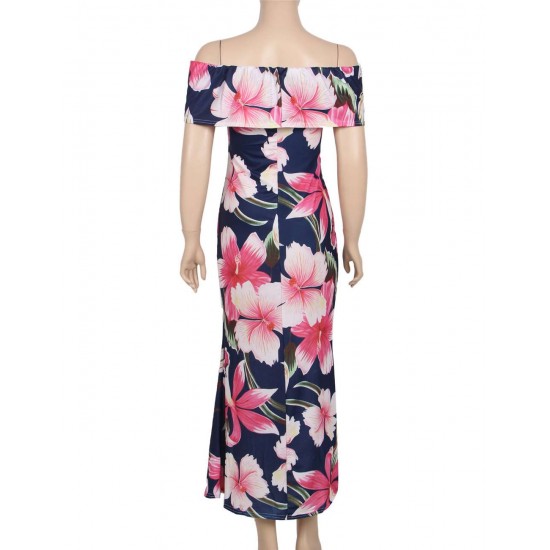 Navy Blue Roses Print Off-Shoulder Long Dress