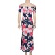 Navy Blue Roses Print Off-Shoulder Long Dress