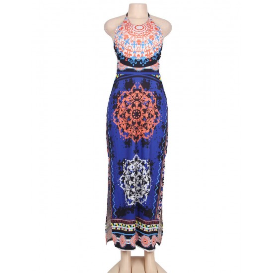 Dark Royal African Pattern Flowered Halter Long Dress