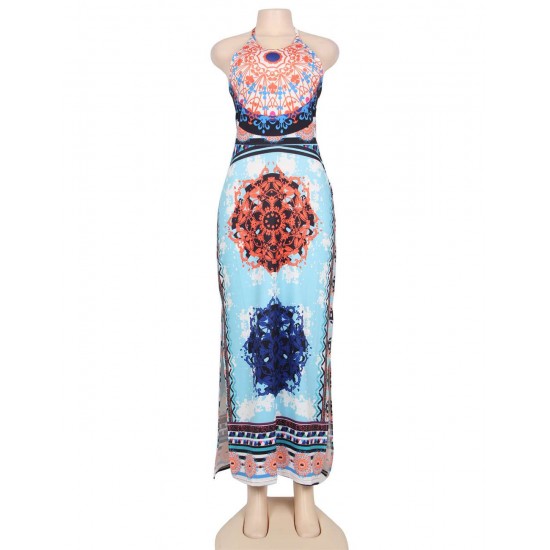 Light Blue African Pattern Low Back Halter Long Dress