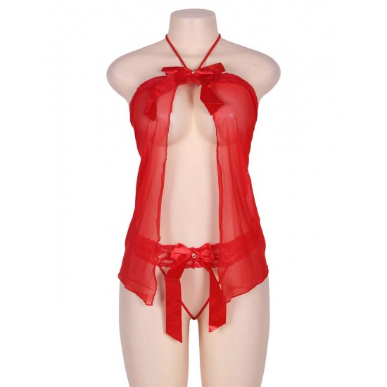 Sexy Red Halter Lace Trim Fly Away Babydoll With G String 