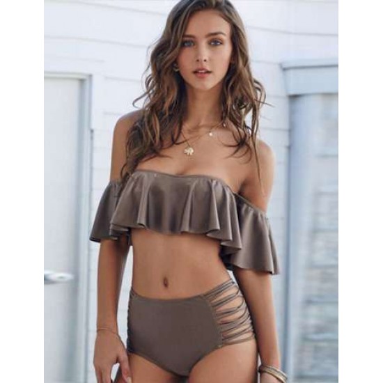 Solid Green Color Frill Cute Off Shoulder Bikini